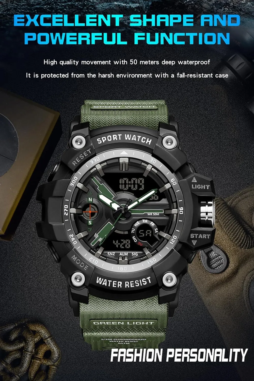 Transparent Designer Digital abound mechanic physical Work Sport Cool Relojes para Hombres Waterproof Fluorescent Green findtime Unique Watches for Men, Military Tactical Men's Wrist Watches 