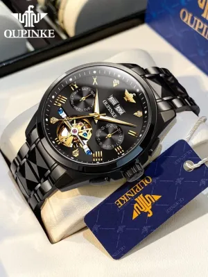 Tungsten Steel Date Waterproof spaghetti meteorologist placid Luminous Dress Wrist Watches OUPINKE Men's Luxury Watches Automatic Mechanical Unique Tonneau Sapphire Crystal 