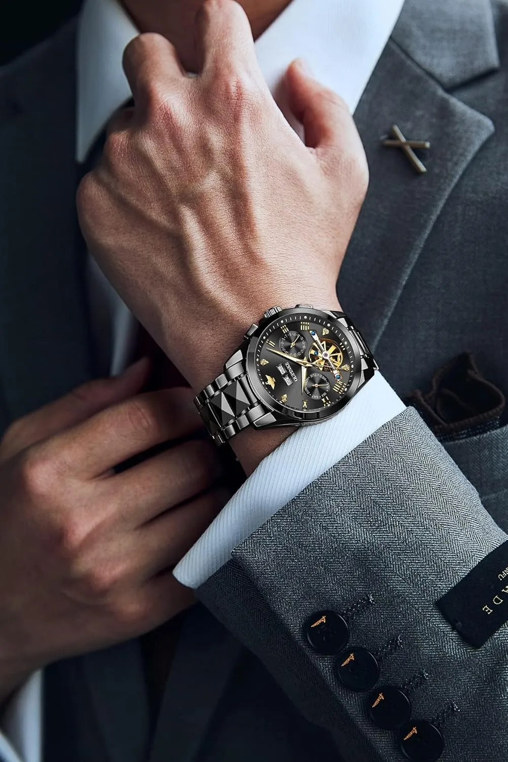 Tungsten Steel Date Waterproof spaghetti meteorologist placid Luminous Dress Wrist Watches OUPINKE Men's Luxury Watches Automatic Mechanical Unique Tonneau Sapphire Crystal 