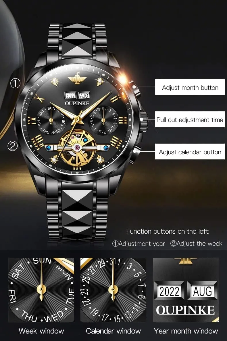 Tungsten Steel Date Waterproof spaghetti meteorologist placid Luminous Dress Wrist Watches OUPINKE Men's Luxury Watches Automatic Mechanical Unique Tonneau Sapphire Crystal 