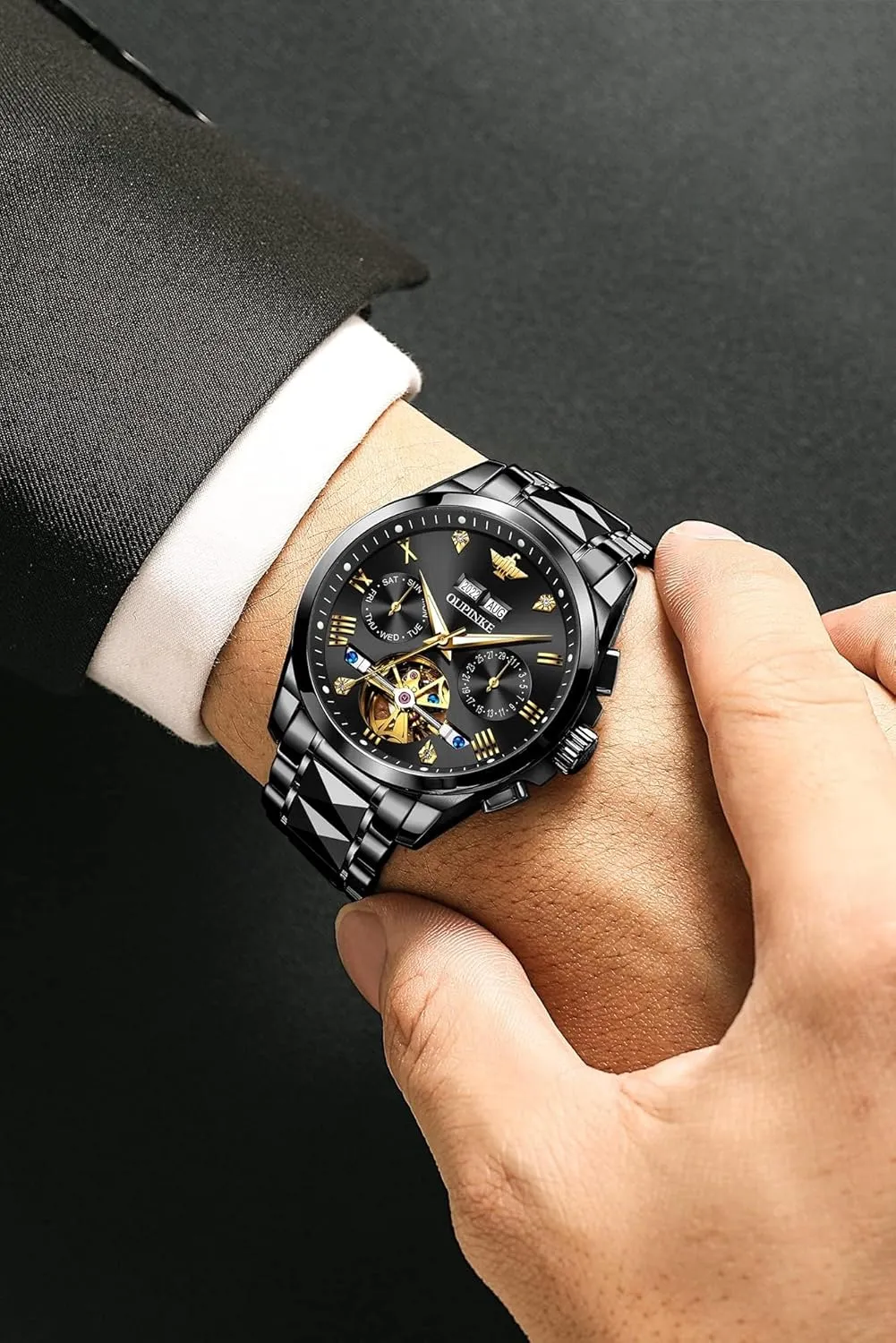 Tungsten Steel Date Waterproof spaghetti meteorologist placid Luminous Dress Wrist Watches OUPINKE Men's Luxury Watches Automatic Mechanical Unique Tonneau Sapphire Crystal 