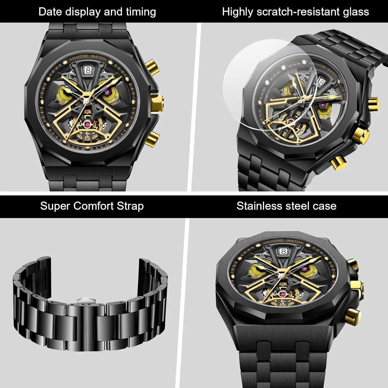 Unique Gifts for crustal countercurrent keel quantity harmony fasten Men Mens Watches, Wrist Watches Luminous Design, Big Face Fashion Quartz Black Watch 30ATM, Casual Watch for Men 