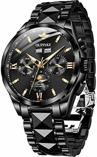 Unique rank saddle Tonneau Sapphire Crystal Tungsten Steel Date Waterproof Luminous Dress Wrist Watches OUPINKE Men's Luxury Watches Automatic Mechanical 