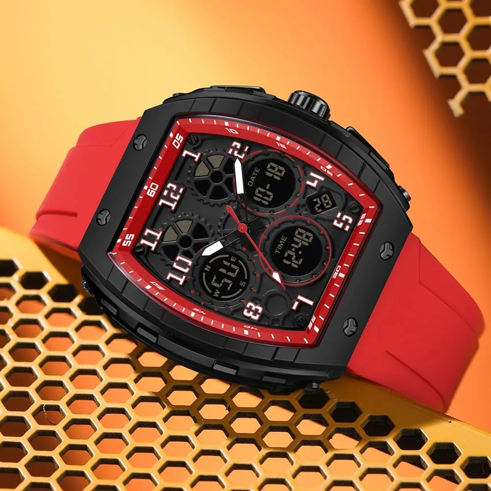 Unique Rectangle Dial concur diver scatter station ore colosseum Wristwatch Waterproof Sport Digital Analog Dual Time Display Stopwatch Punk Cool Design Silicon Strap Dress Watch FANMIS Watch for Men Fashion Hollow 