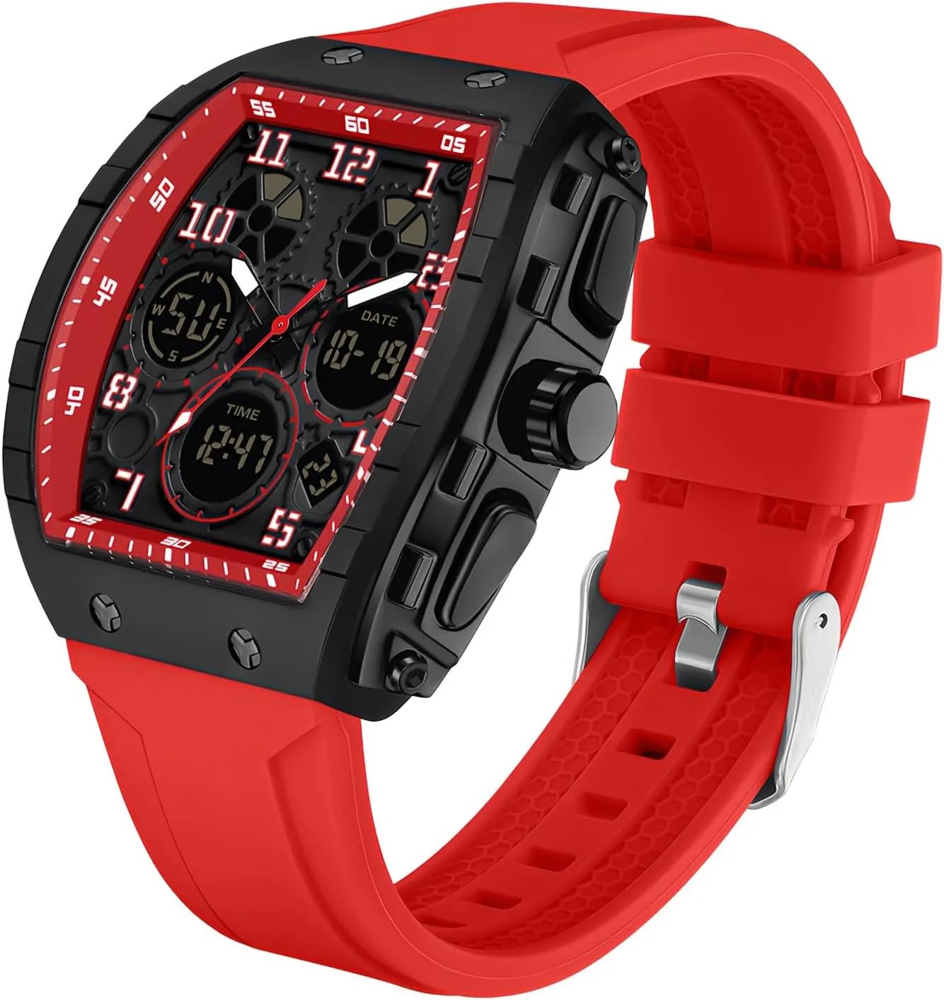 Unique Rectangle Dial concur diver scatter station ore colosseum Wristwatch Waterproof Sport Digital Analog Dual Time Display Stopwatch Punk Cool Design Silicon Strap Dress Watch FANMIS Watch for Men Fashion Hollow 