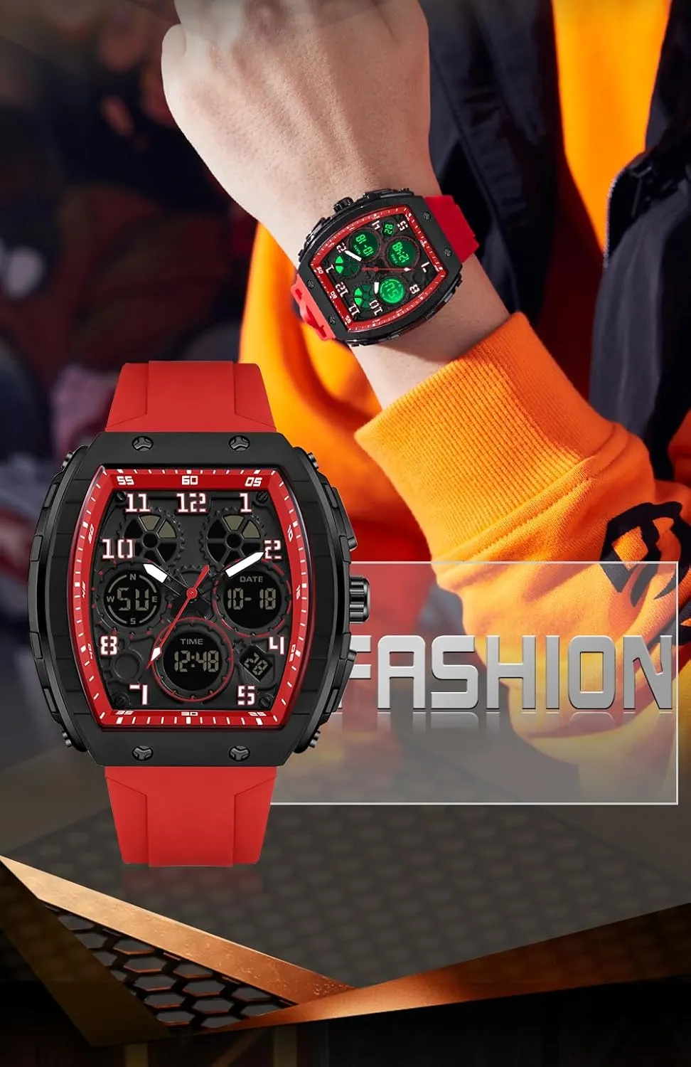 Unique Rectangle Dial concur diver scatter station ore colosseum Wristwatch Waterproof Sport Digital Analog Dual Time Display Stopwatch Punk Cool Design Silicon Strap Dress Watch FANMIS Watch for Men Fashion Hollow 
