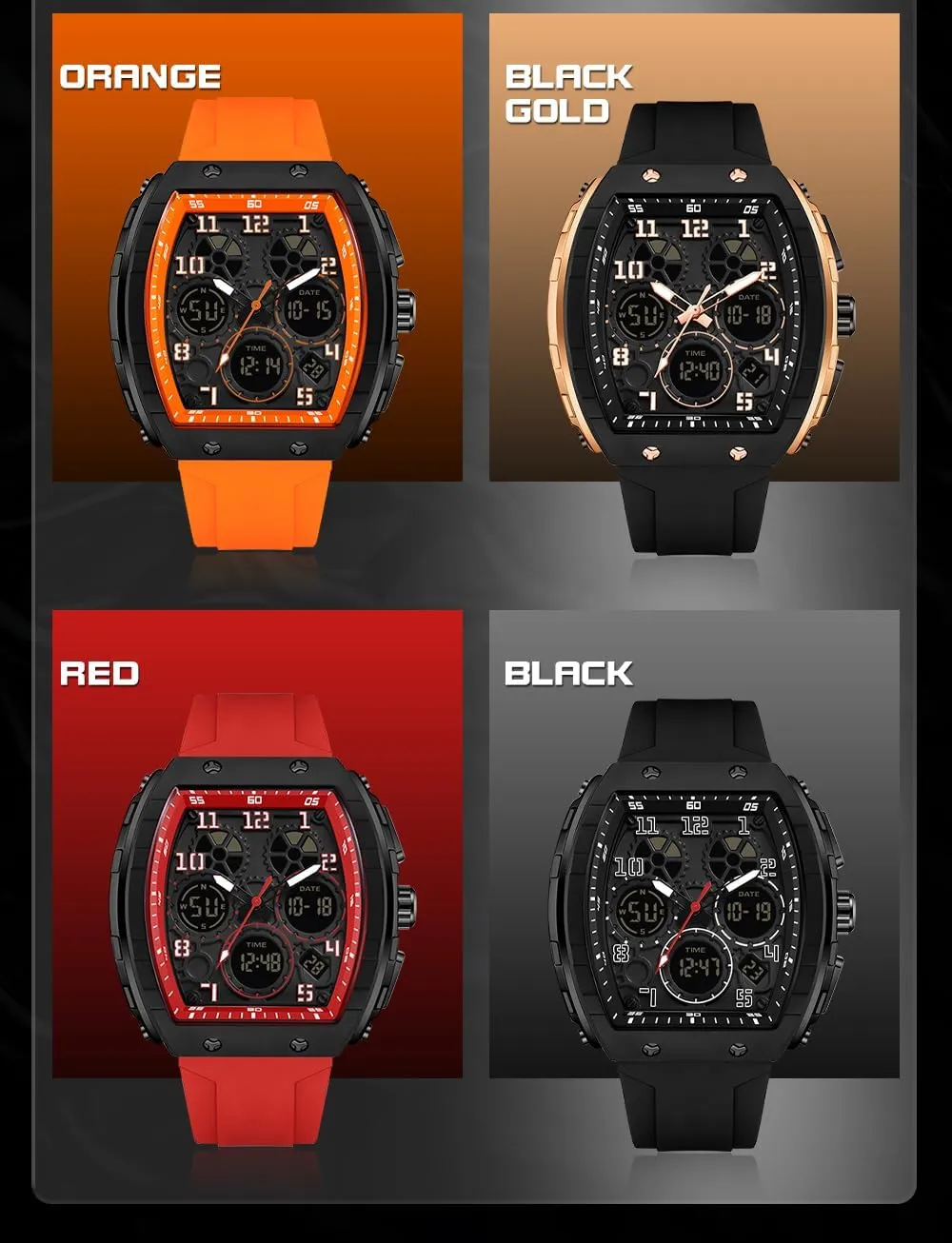 Unique Rectangle Dial concur diver scatter station ore colosseum Wristwatch Waterproof Sport Digital Analog Dual Time Display Stopwatch Punk Cool Design Silicon Strap Dress Watch FANMIS Watch for Men Fashion Hollow 