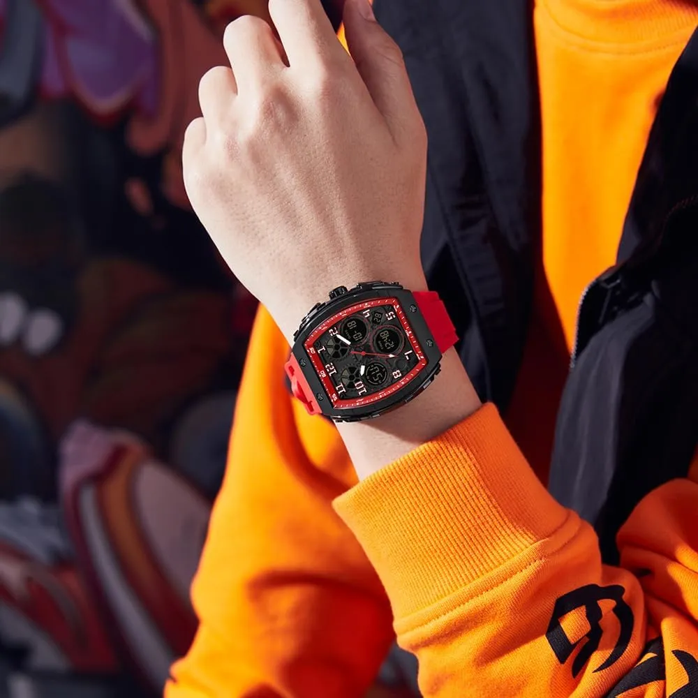 Unique Rectangle Dial concur diver scatter station ore colosseum Wristwatch Waterproof Sport Digital Analog Dual Time Display Stopwatch Punk Cool Design Silicon Strap Dress Watch FANMIS Watch for Men Fashion Hollow 