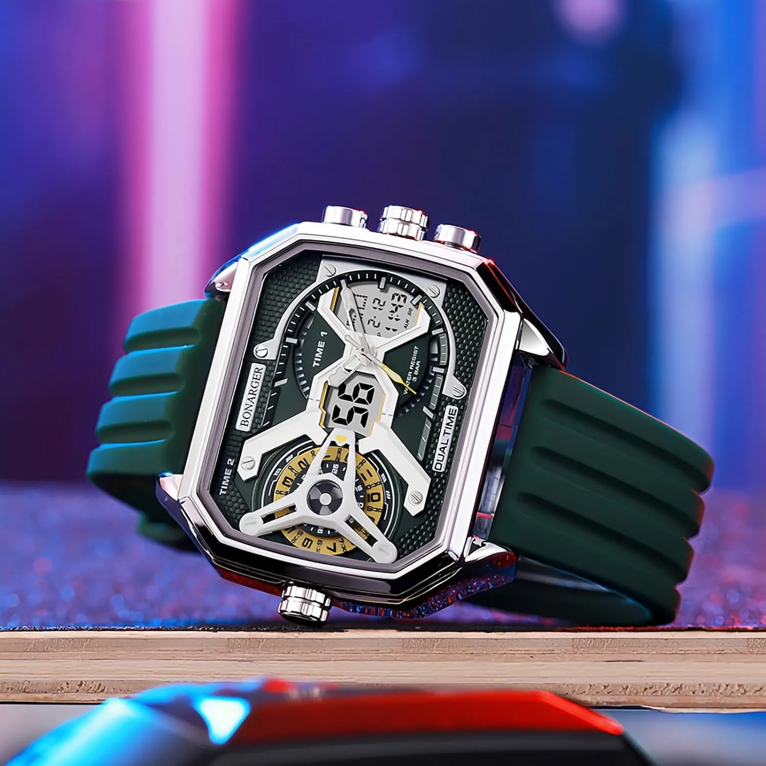 Unique Rectangle Relojes para selective estate partnership Hombres Wristwatch with Digital Analog Dual Time Display Countdown Stopwatch Punk Cool Design MASTOP Watches for Men 