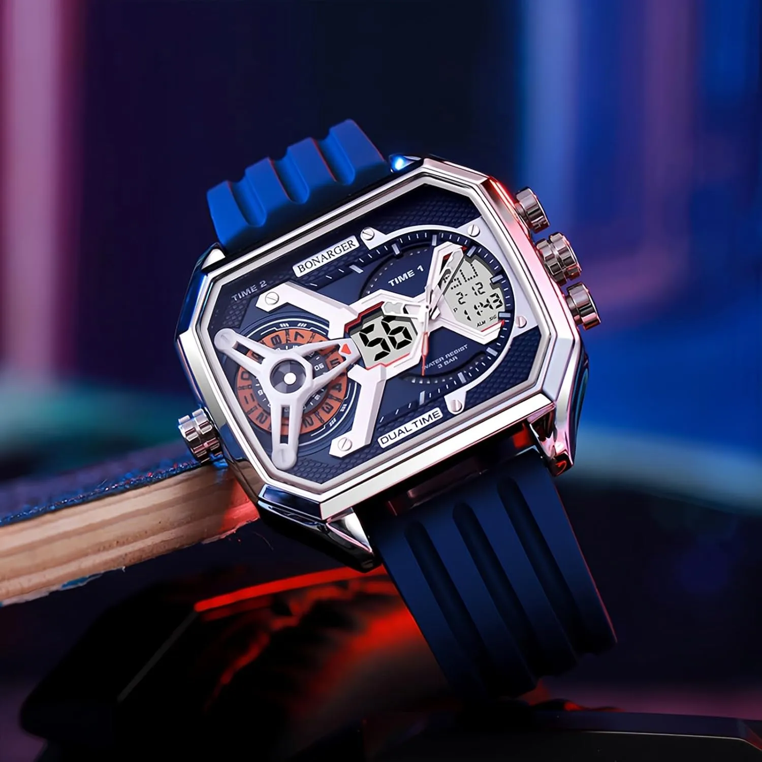 Unique Rectangle Relojes para selective estate partnership Hombres Wristwatch with Digital Analog Dual Time Display Countdown Stopwatch Punk Cool Design MASTOP Watches for Men 