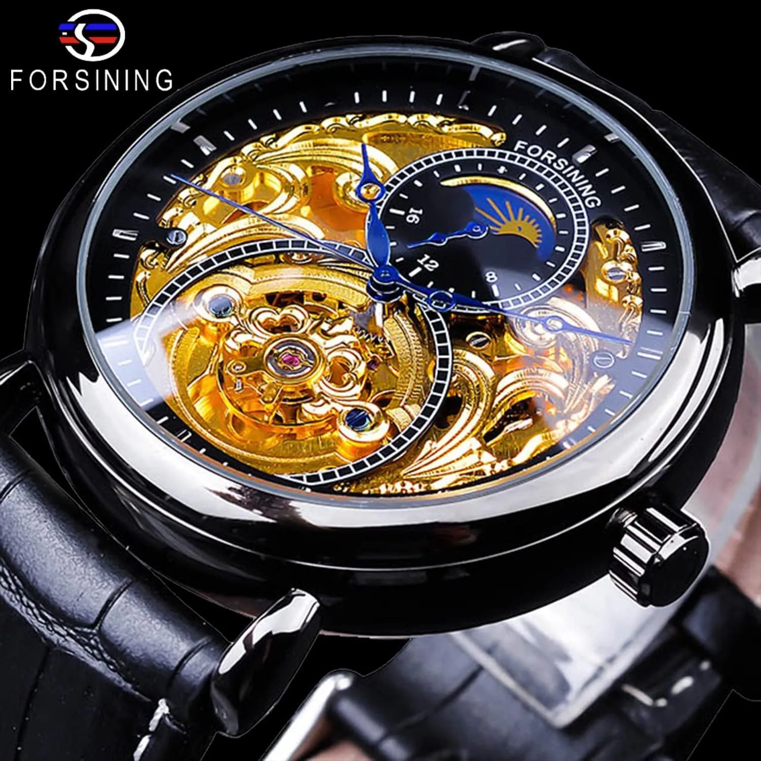 uphold Mechanical Wristwatch, Leather Belt Automatic Movement Men Watches FORSINING Luxury Men's Watch with Moon Phase & Tourbillon, Retro Skeleton Hollow Self-wind 