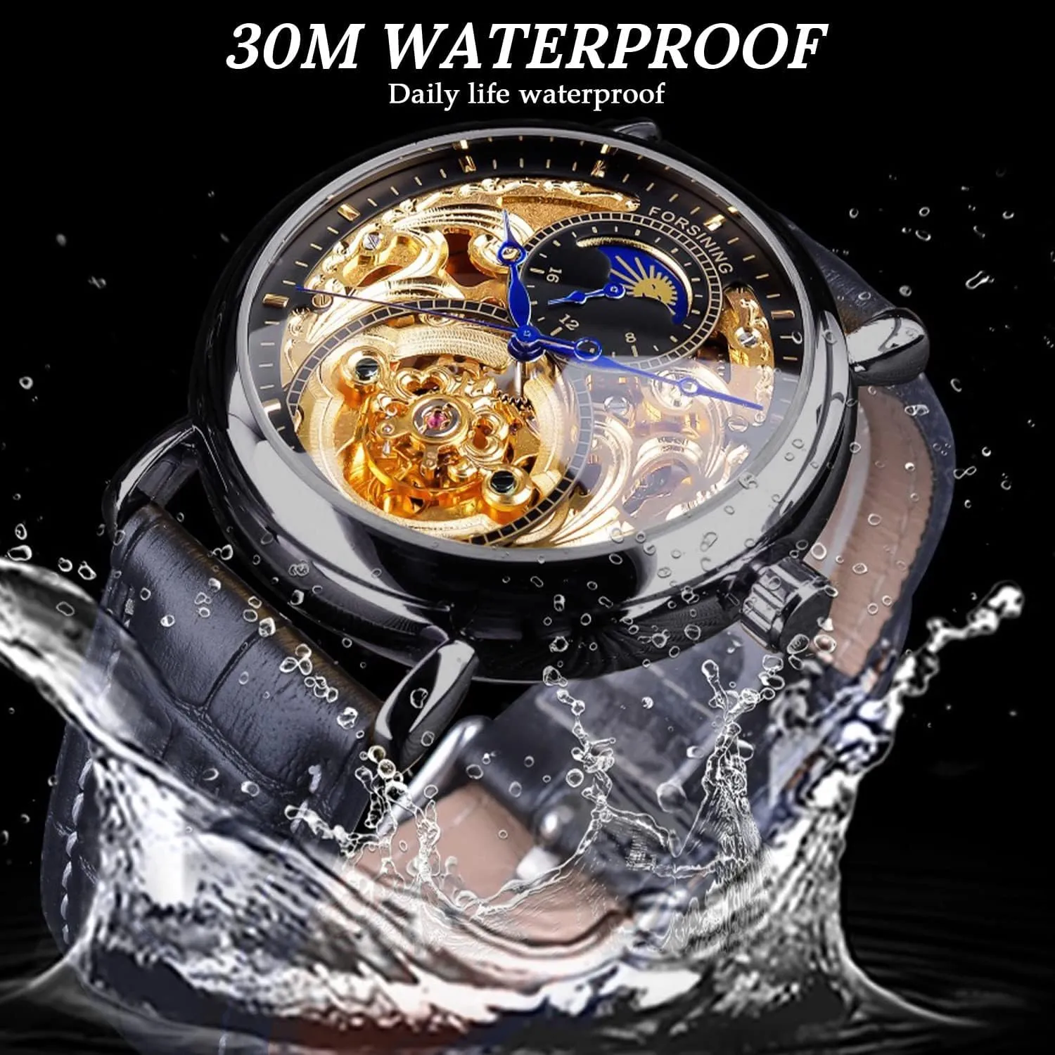 uphold Mechanical Wristwatch, Leather Belt Automatic Movement Men Watches FORSINING Luxury Men's Watch with Moon Phase & Tourbillon, Retro Skeleton Hollow Self-wind 