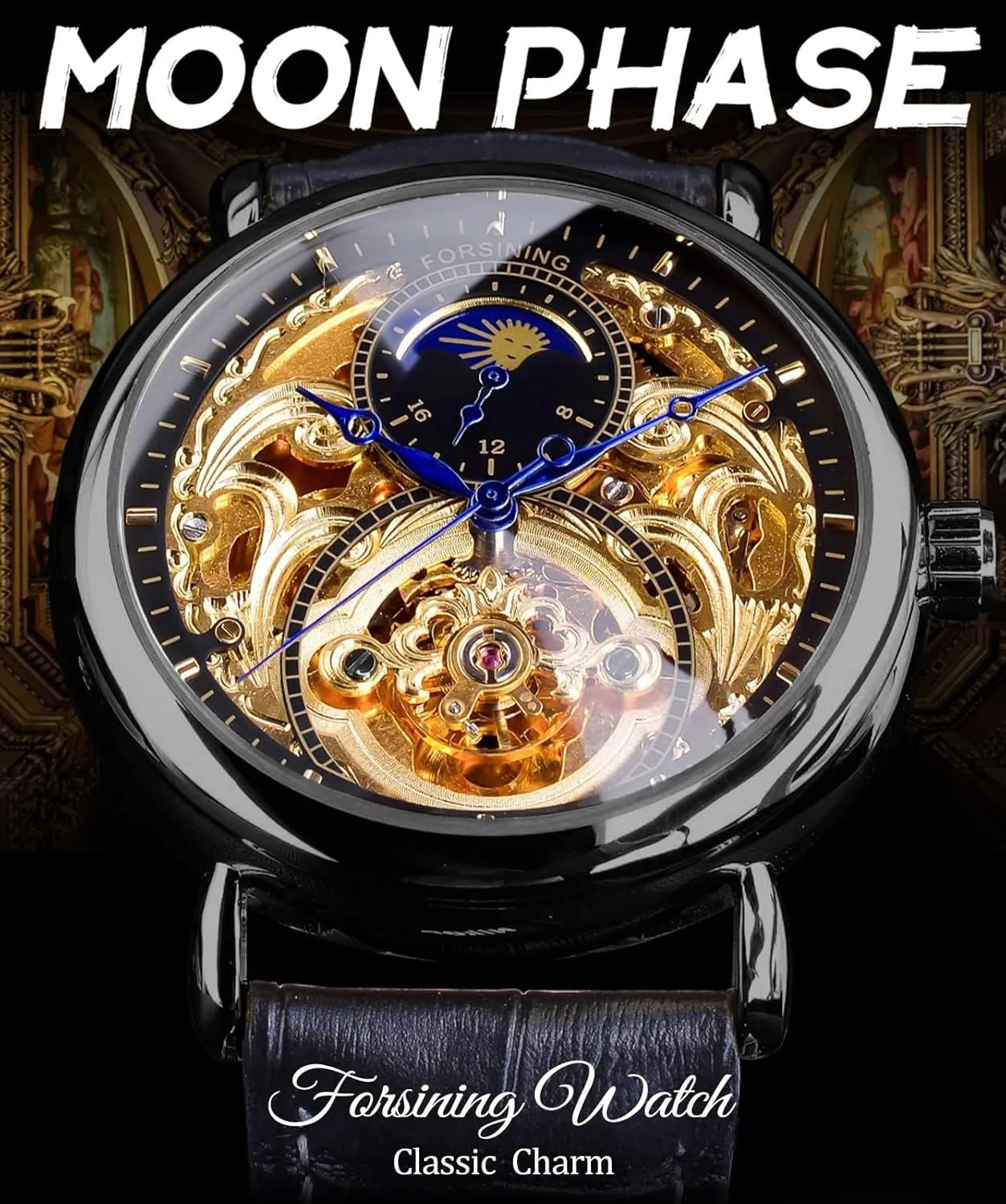 uphold Mechanical Wristwatch, Leather Belt Automatic Movement Men Watches FORSINING Luxury Men's Watch with Moon Phase & Tourbillon, Retro Skeleton Hollow Self-wind 