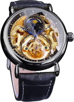 uphold Mechanical Wristwatch, Leather Belt Automatic Movement Men Watches FORSINING Luxury Men's Watch with Moon Phase & Tourbillon, Retro Skeleton Hollow Self-wind 