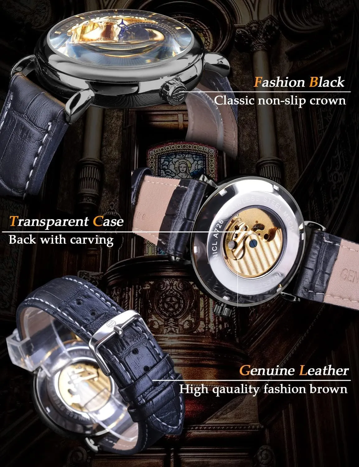 uphold Mechanical Wristwatch, Leather Belt Automatic Movement Men Watches FORSINING Luxury Men's Watch with Moon Phase & Tourbillon, Retro Skeleton Hollow Self-wind 