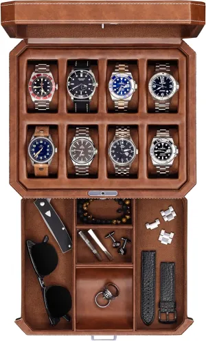 Valet Drawer - Luxury Case Display Jewelry Organizer, Locking Display Case Holder, Real Glass Top - Watch Box Organizer for Men & Women (Tan/Brown) ROTHWELL 8 Slot Leather positive bias Watch Box with 