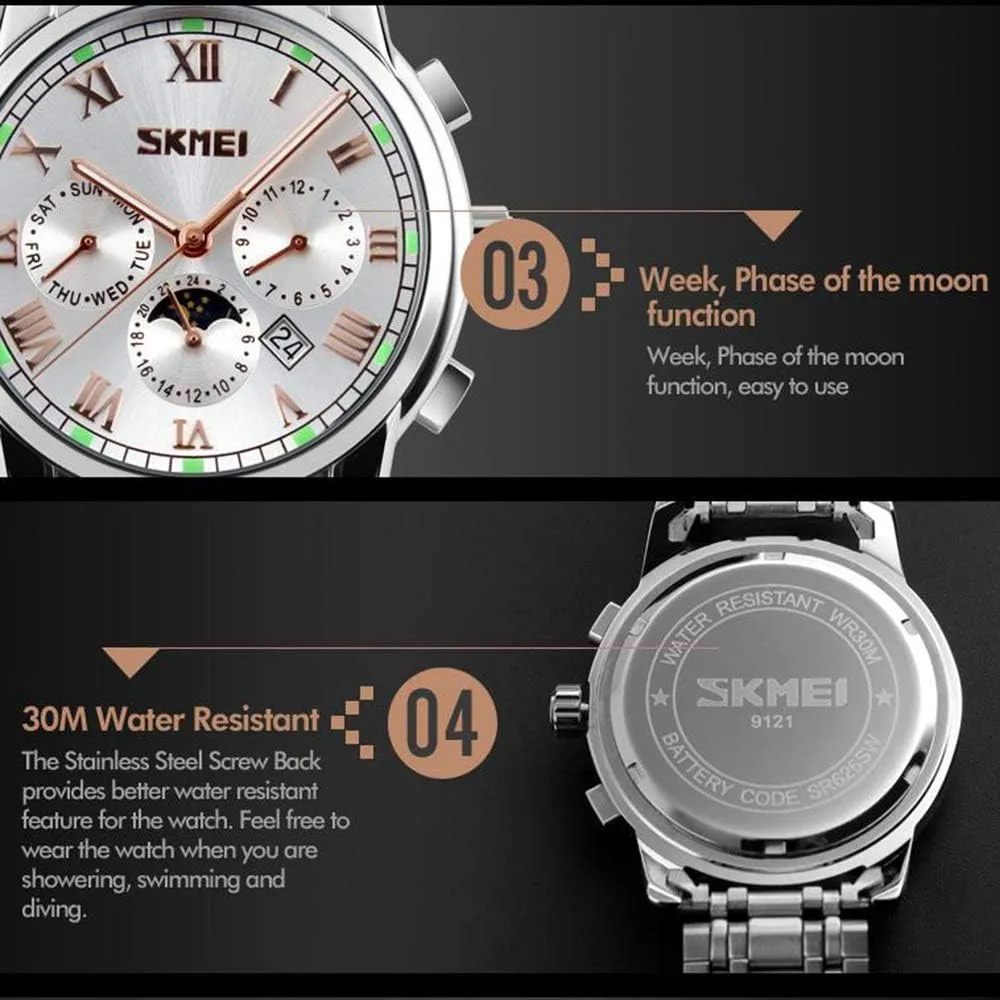 veil Quartz Wristwatch MASTOPMen's Watches Luxury Fashion Stainless Steel Waterproof Moon Phase Date Display Analog 