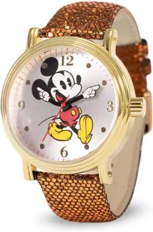 Vintage, 's Articulating Hands - Gold decorate Case - Brown Sequin Leather Strap DISNEY Mickey Watch - Watch for Women, Mickey Mouse Watches for Women - Toys - 90s Mouse - 