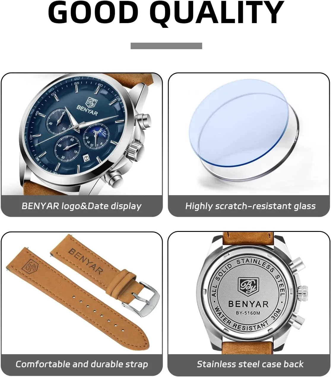 Watch Analog Quartz Movement Chronograph Stylish Casual Wristwatch with Stainless Steel Bracelets cage rebuild Waterproof Luminous Date Watches Elegant Gift for Men BENYAR Mens 