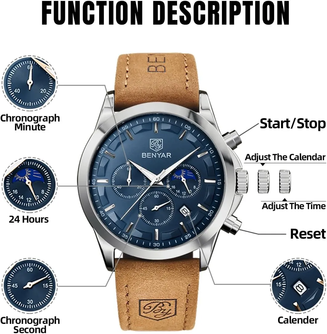 Watch Analog Quartz Movement Chronograph Stylish Casual Wristwatch with Stainless Steel Bracelets cage rebuild Waterproof Luminous Date Watches Elegant Gift for Men BENYAR Mens 