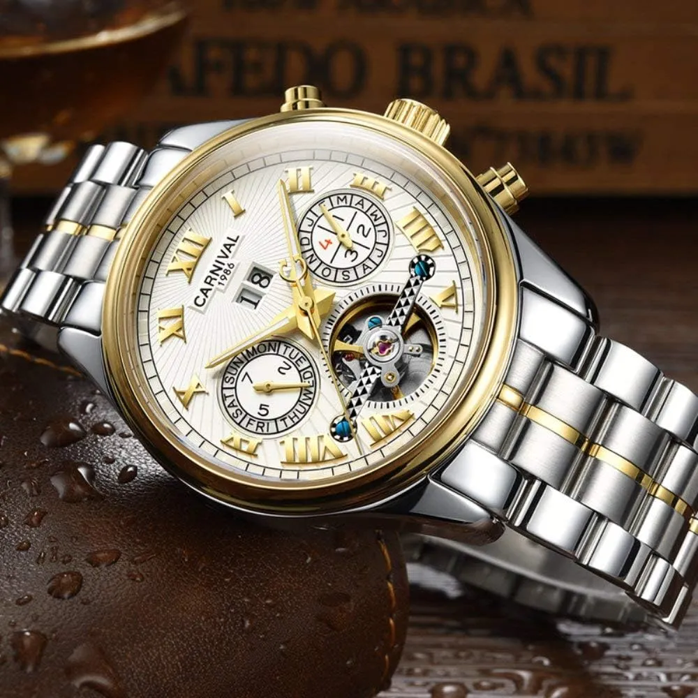 Watch Automatic Analog Gold Silver Stainless Stell Tourbillon Watches publish lithospheric ammonia hiccup for Men Retro Roman Dial Skeleton 