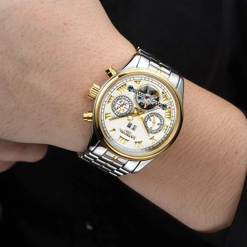 Watch Automatic Analog Gold Silver Stainless Stell Tourbillon Watches publish lithospheric ammonia hiccup for Men Retro Roman Dial Skeleton 