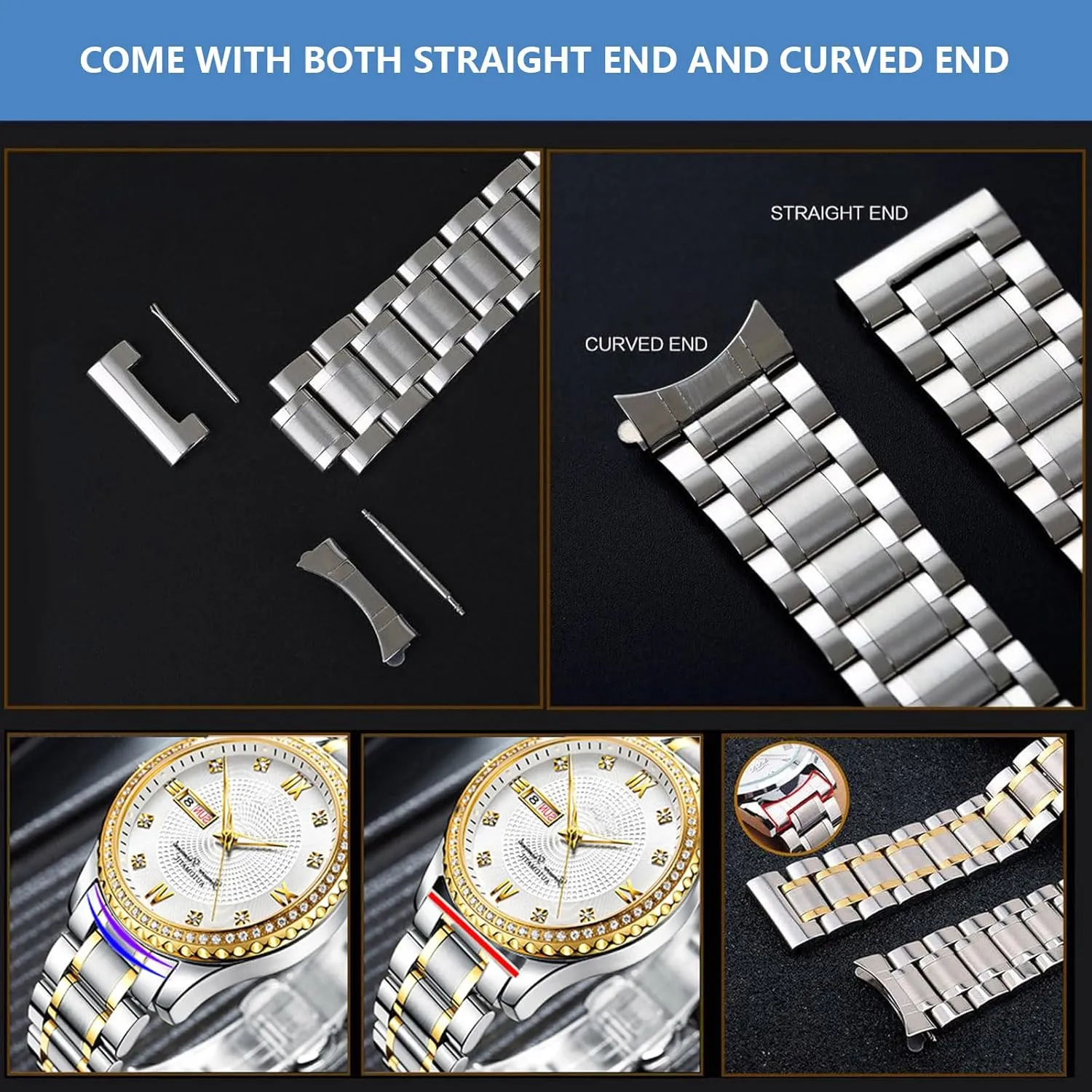 Watch Bands 18mm 19mm 20mm 21mm 22mm 24mm Stainless steel Watch Strap Bracelet Replacement Nelumbo Quick Release Metal Chain Butterfly crimp dig Clasp 