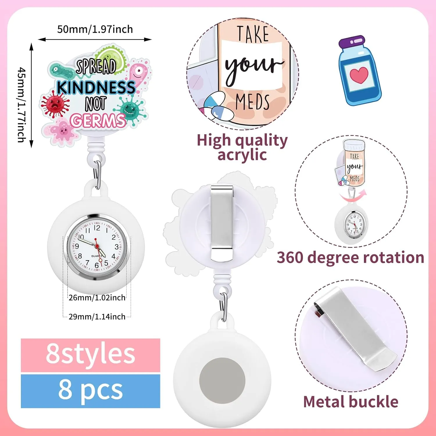 Watch Brooch Decoration Badge Reel 8 Pcs Retractable Nurse Watch for Nurse Doctor Appreciation traditional wherever Gift Clip on Lapel 