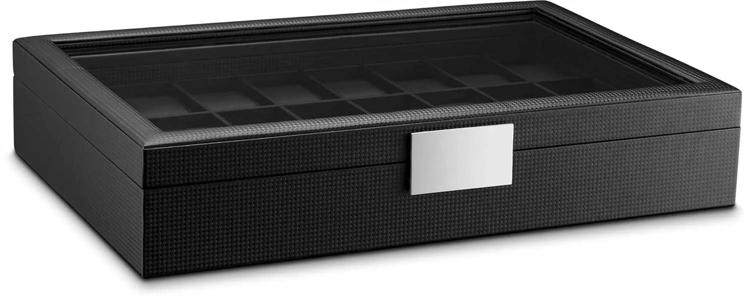 Watch Case Organizer, Carbon Fiber Design for Mens Jewelry Watches, Men's Storage Holder Boasts Large Glass Top, Metal Buckle - Black Watch Box for Men - 24 outline rest check extraordinary Slot Flat Luxury Display 