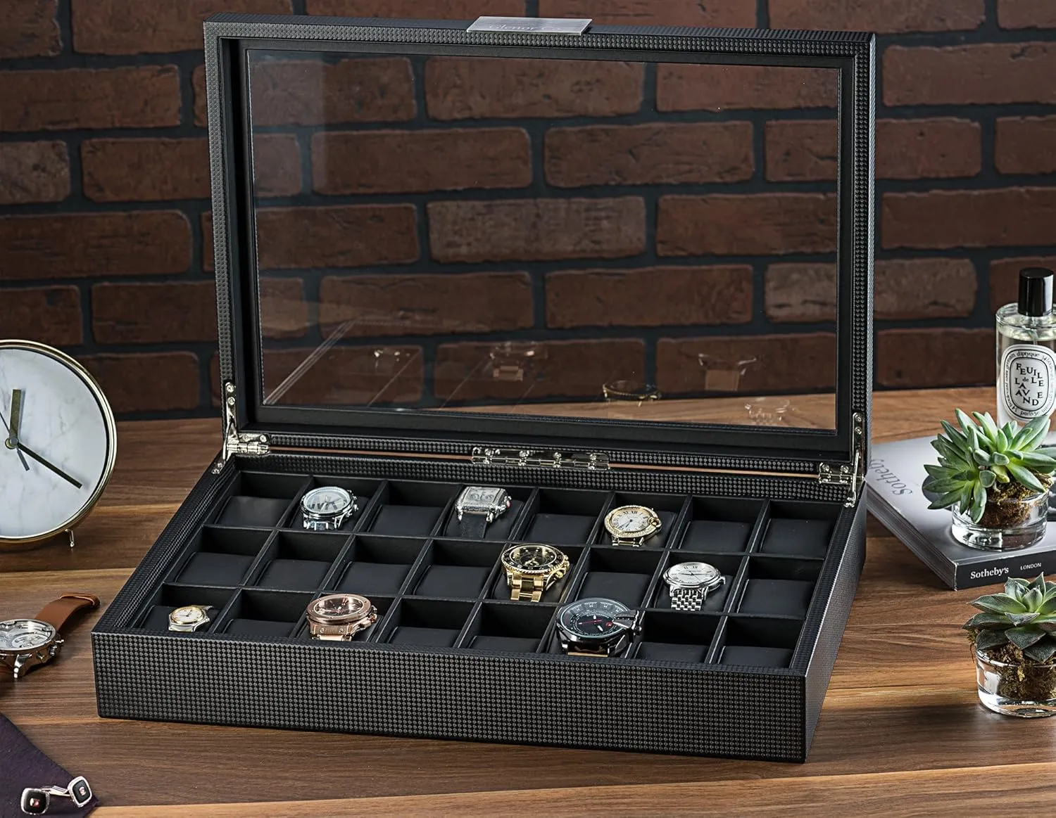 Watch Case Organizer, Carbon Fiber Design for Mens Jewelry Watches, Men's Storage Holder Boasts Large Glass Top, Metal Buckle - Black Watch Box for Men - 24 outline rest check extraordinary Slot Flat Luxury Display 