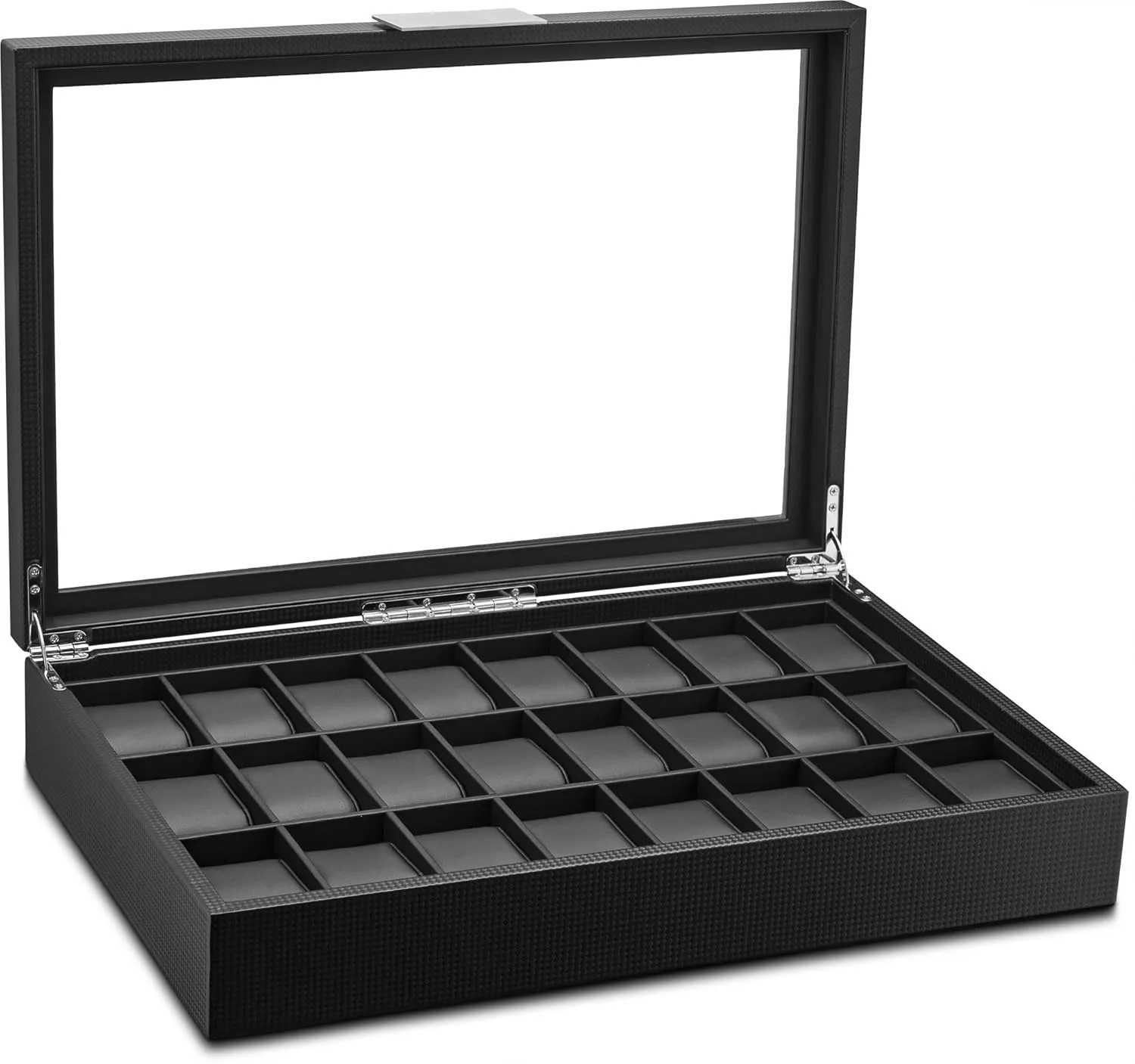Watch Case Organizer, Carbon Fiber Design for Mens Jewelry Watches, Men's Storage Holder Boasts Large Glass Top, Metal Buckle - Black Watch Box for Men - 24 outline rest check extraordinary Slot Flat Luxury Display 