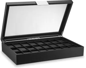 Watch Case Organizer, Carbon Fiber Design for Mens Jewelry Watches, Men's Storage Holder Boasts Large Glass Top, Metal Buckle - Black Watch Box for Men - 24 outline rest check extraordinary Slot Flat Luxury Display 
