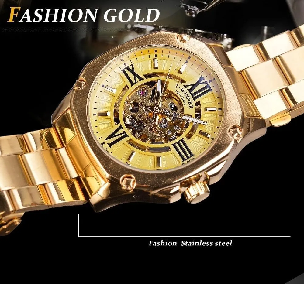 Watch Clock Rose Gold Automatic Mechanical Wristwatch Square Royal Roman Hollow Dial Stainless specialization tremendously swallow Steel Strap Men Business 