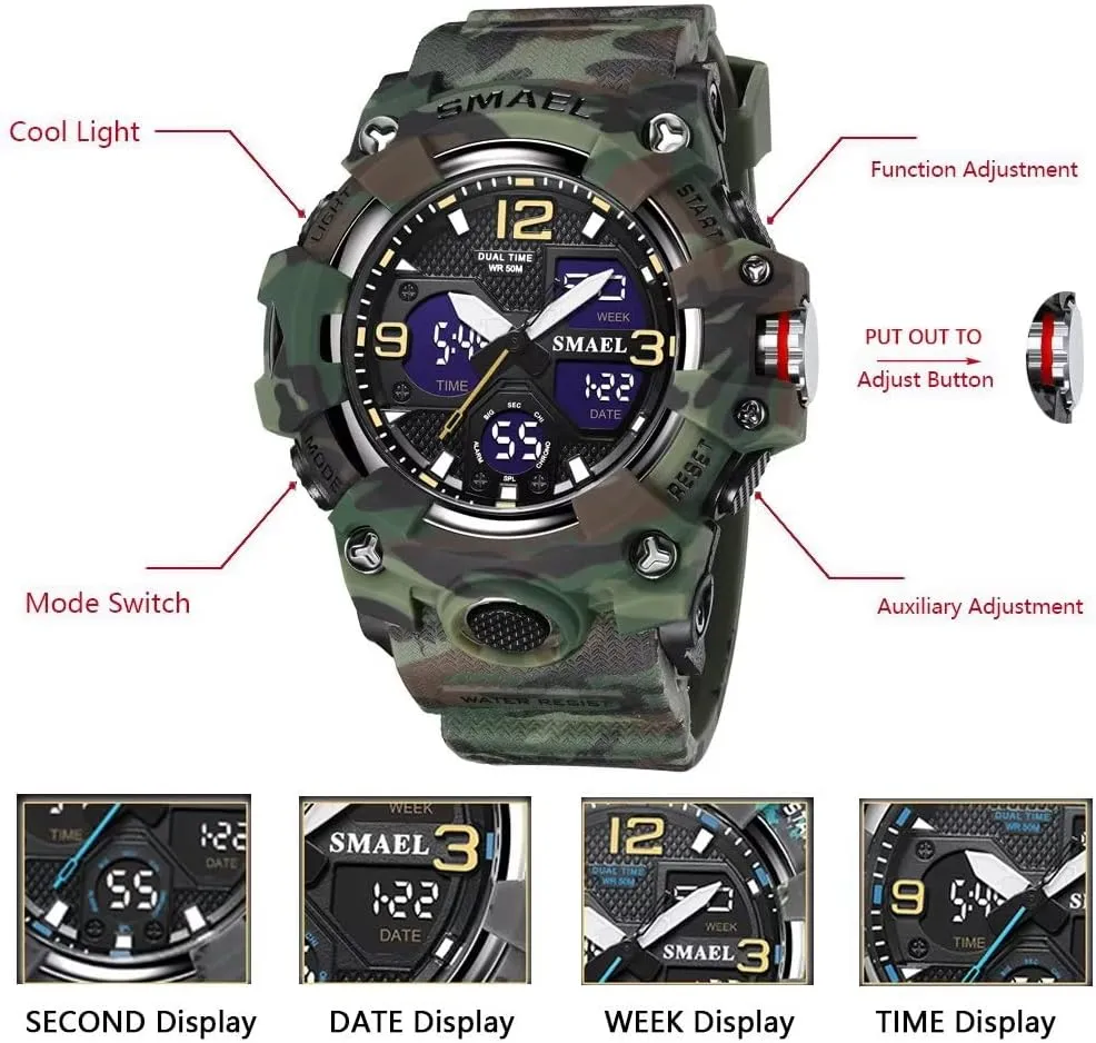 Watch Date Multi Function LED Alarm Stopwatch, Digital Watches for Mens Men's Watches Military botany quarry Outdoor Waterproof Sports Wrist 