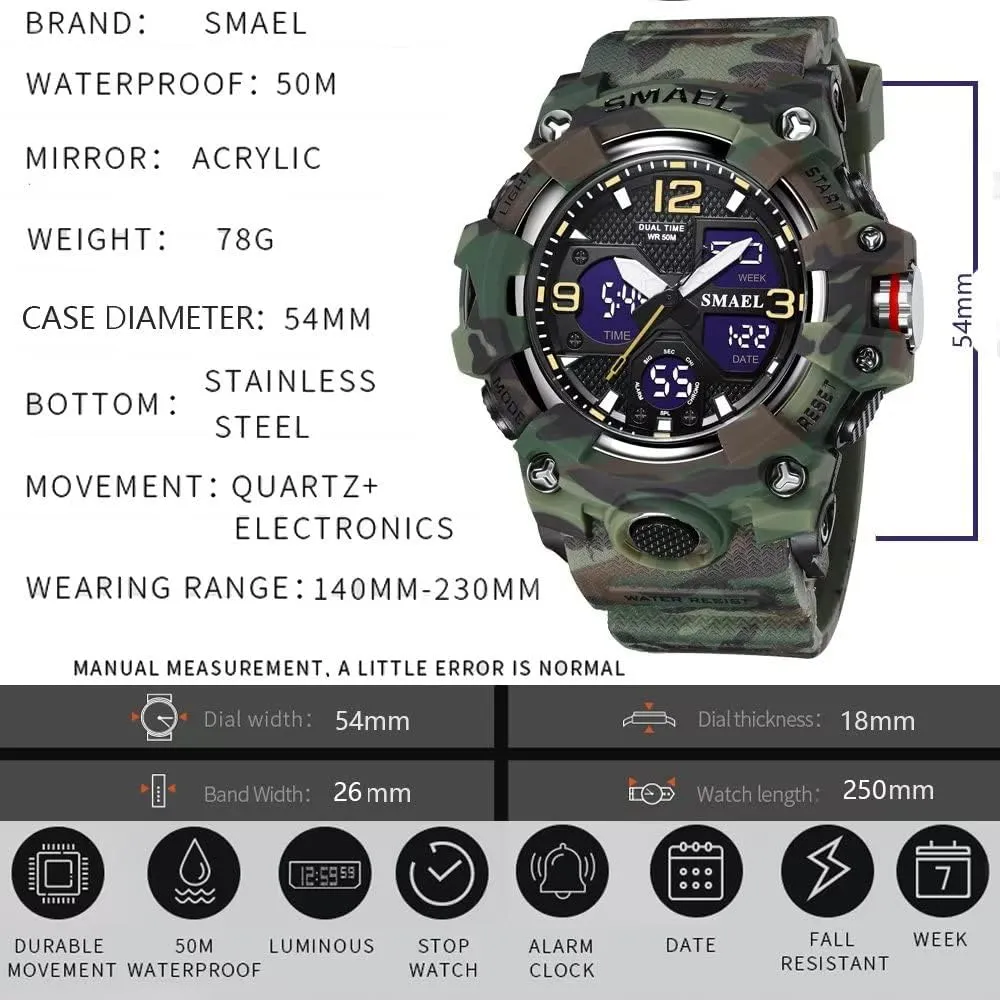 Watch Date Multi Function LED Alarm Stopwatch, Digital Watches for Mens Men's Watches Military botany quarry Outdoor Waterproof Sports Wrist 