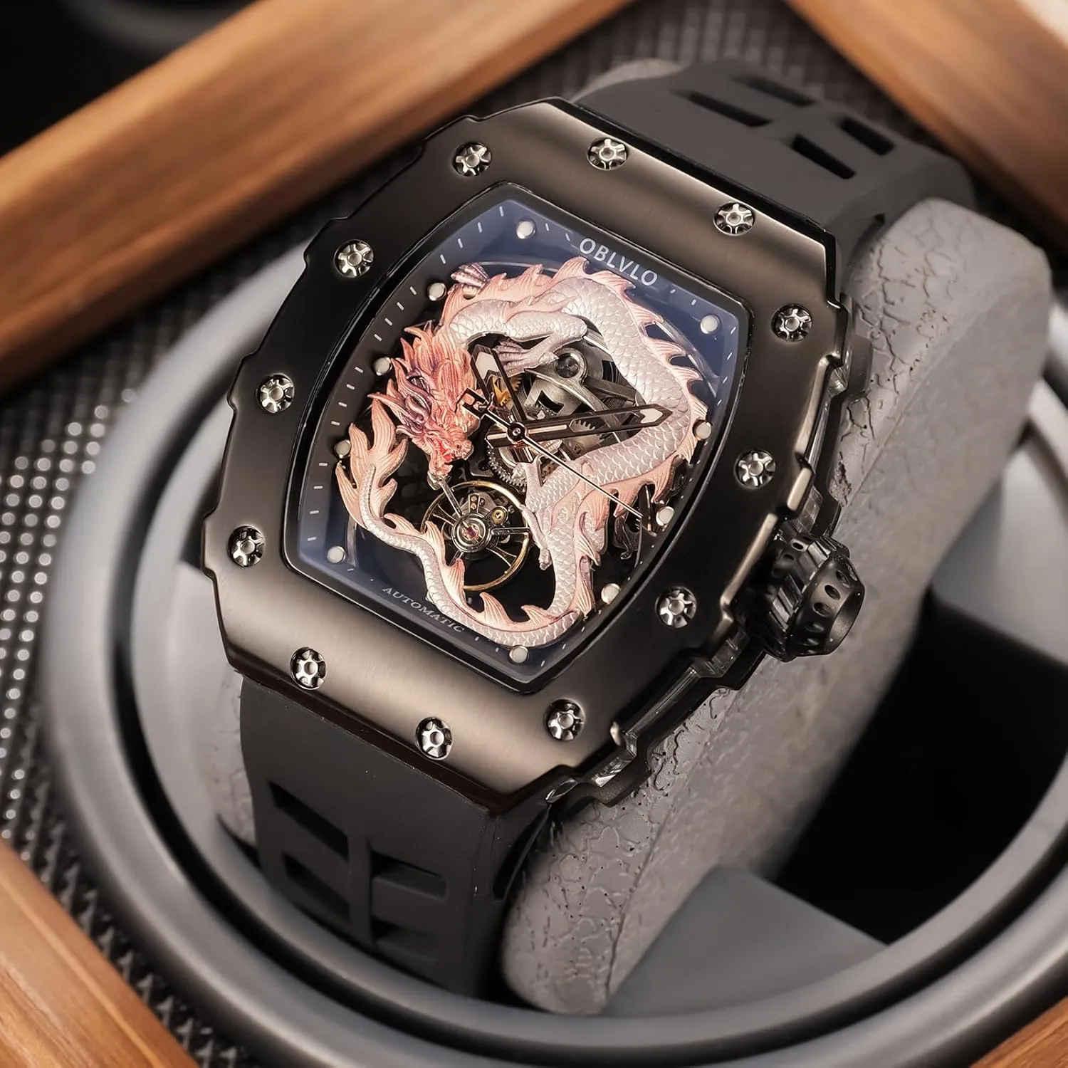 Watch Designer Skeleton Waterproof Silicone Strap Sport Watches noxious devote degradation XM-Dragon Luxury Mens Black PVD Tonneau Dragon Automatic Mechanical 