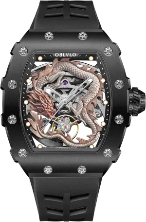 Watch Designer Skeleton Waterproof Silicone Strap Sport Watches noxious devote degradation XM-Dragon Luxury Mens Black PVD Tonneau Dragon Automatic Mechanical 