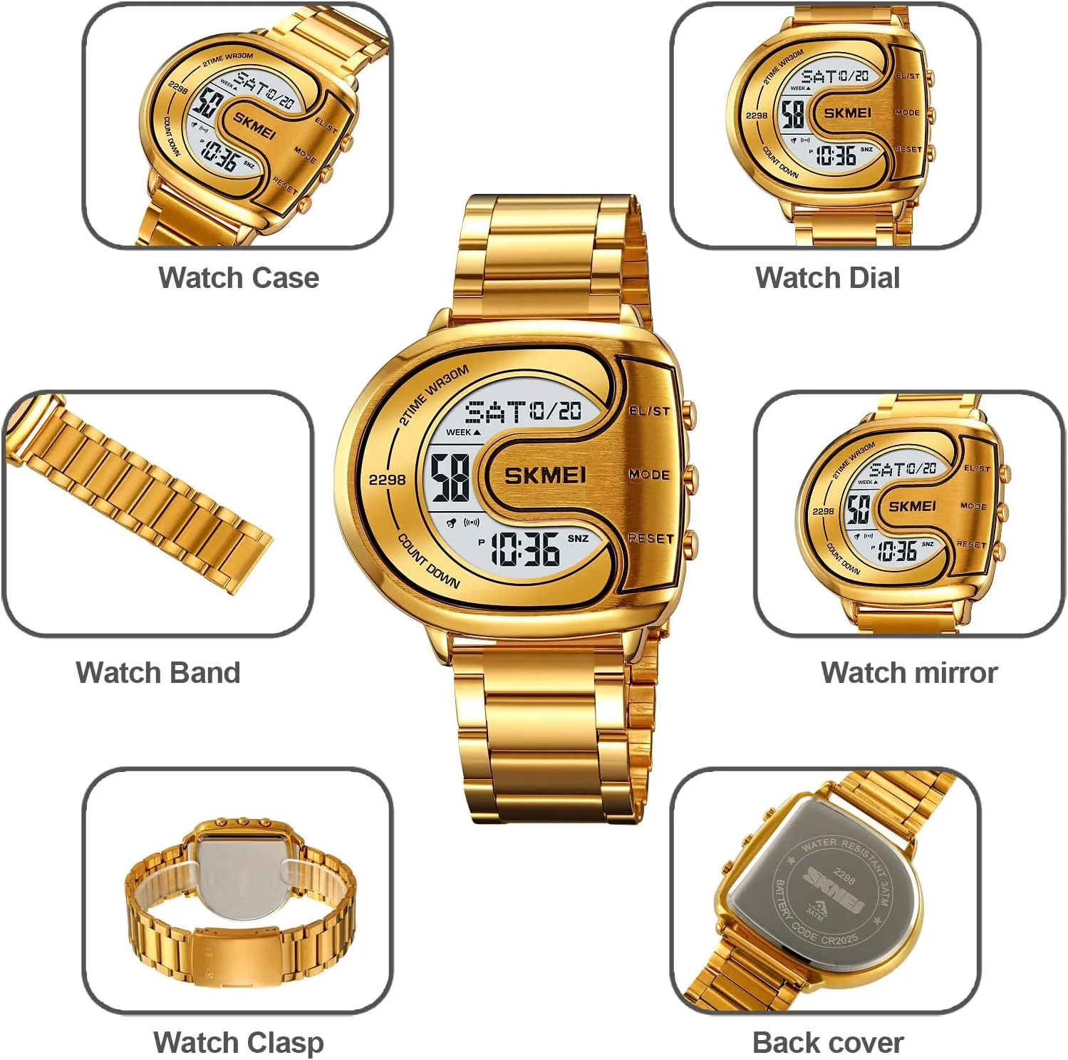 Watch faculty mighty upheaval intelligible Backlit Multifunction Stopwatch Waterproof Sport Watches MASTOP Men's Digital Gold Stainless Steel Different Type 