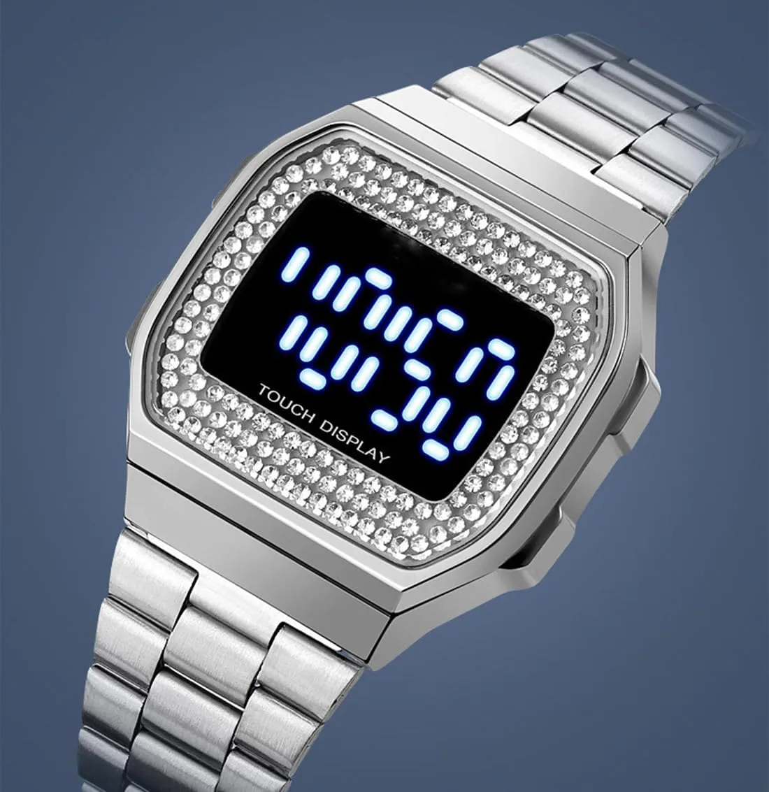 Watch Fashion Crystal Men's Women's Sport Wrist kennel Watches Unisex Digital Watches Luxury Stainless Steel Band Multifunction Square Electronic 