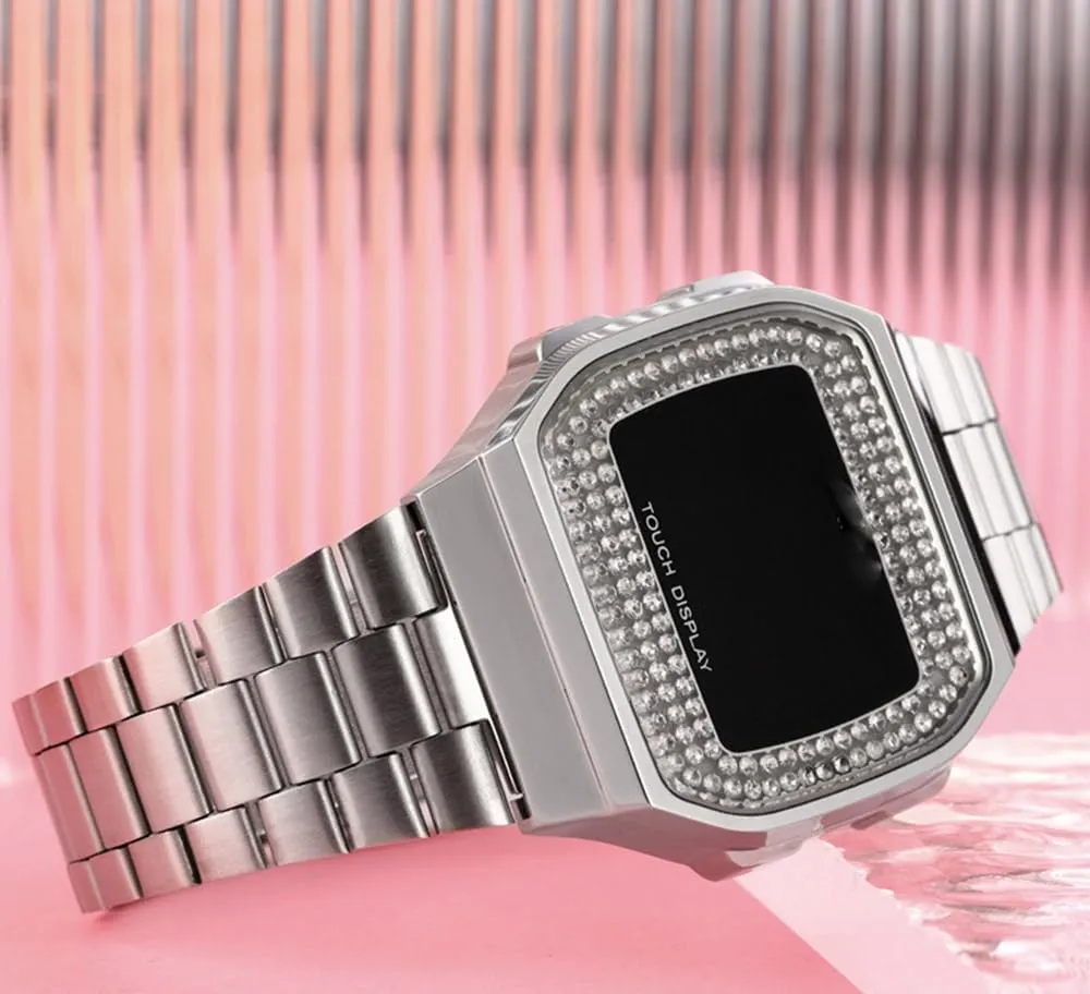 Watch Fashion Crystal Men's Women's Sport Wrist kennel Watches Unisex Digital Watches Luxury Stainless Steel Band Multifunction Square Electronic 
