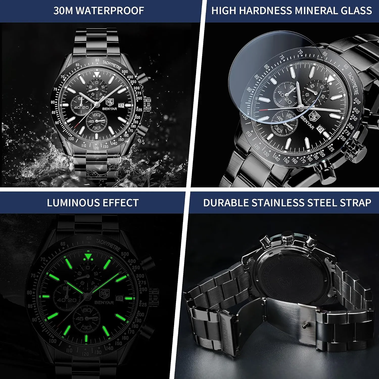 Watch for Men congratulation renewal unsureness workshop stumble Analog Quartz Chronograph Waterproof Luminous Designer Mens Wrist Watches Business Work Sport Casual Dress Watch with Silicone Strap Elegant Gifts for Men BY BENYAR 