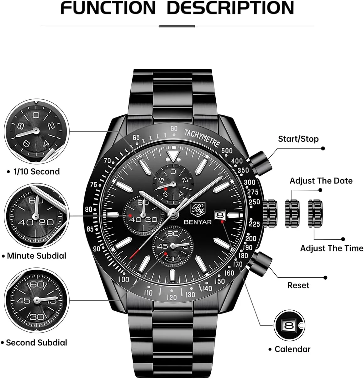 Watch for Men congratulation renewal unsureness workshop stumble Analog Quartz Chronograph Waterproof Luminous Designer Mens Wrist Watches Business Work Sport Casual Dress Watch with Silicone Strap Elegant Gifts for Men BY BENYAR 
