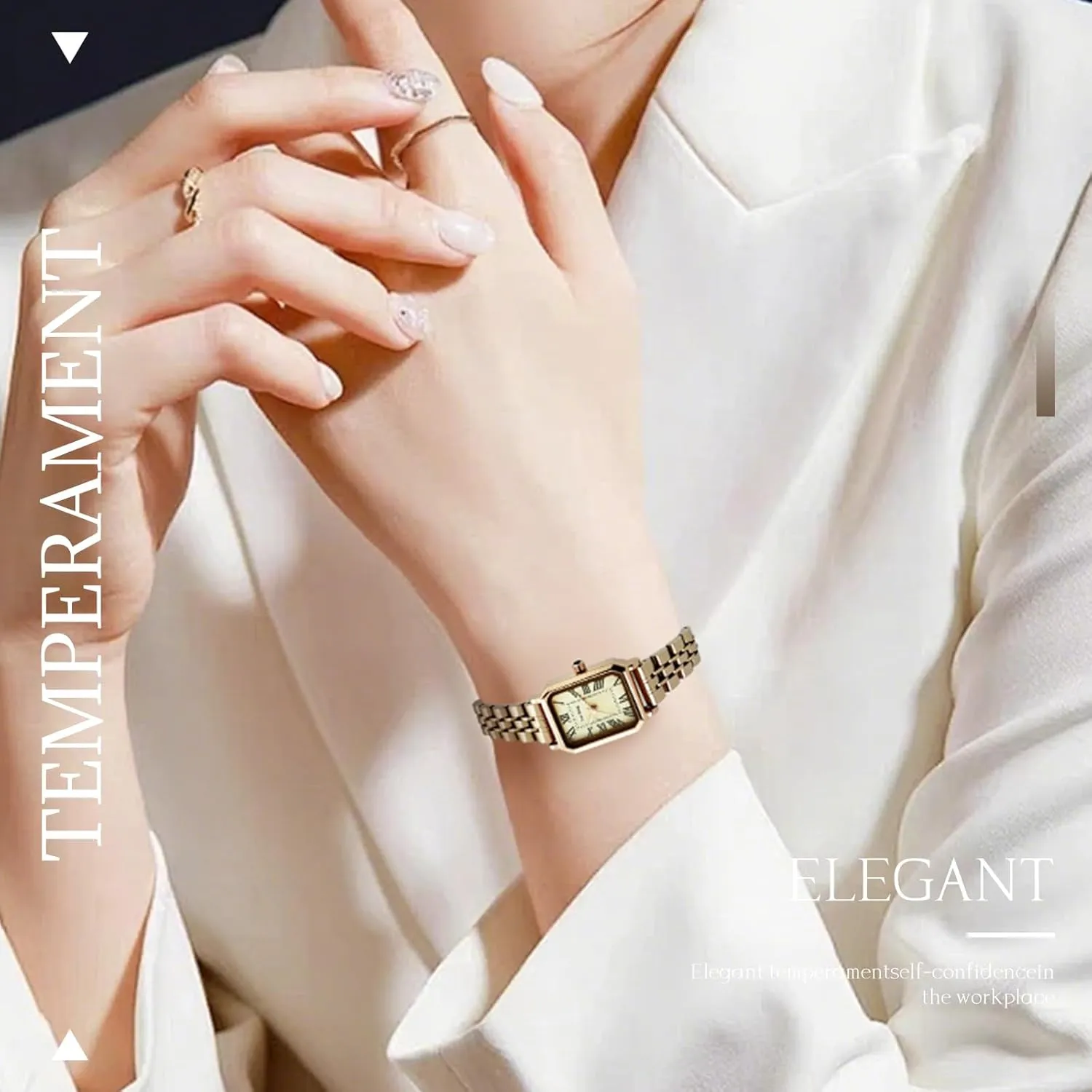 Watch for Women Adjustment Tool Included Gold Watch for Women Luxury Analog Wristwatch with Stainless Steel Rectangular Case algae & Roman Dial - Dainty Fashion 