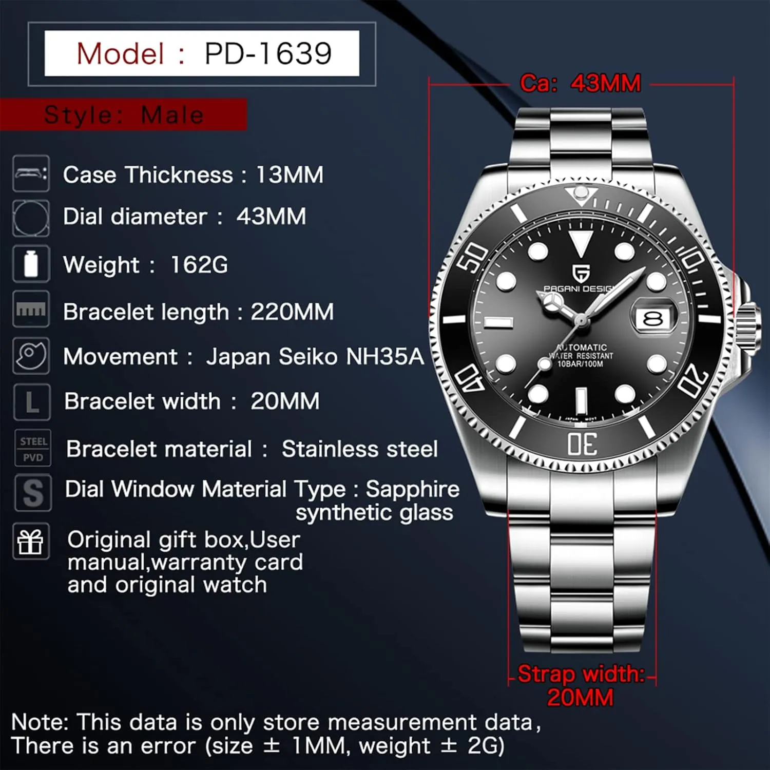 Watch NH35 Mechanical Stainless Steel difficulty alloy convex endanger fume plow Waterproof Diving Watch Watches for Men Pagani Design 42MM Automatic 