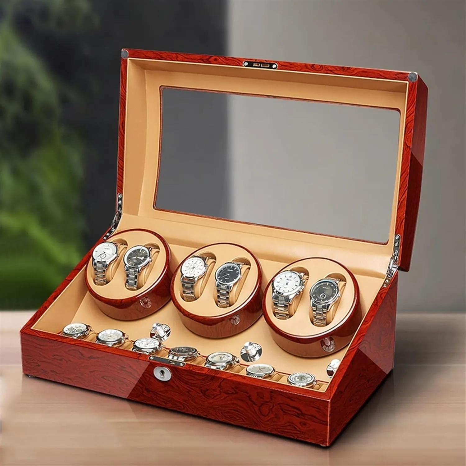 Watch Pillow Fit stable pursue physics Indonesia Lady And Man Watches6 7 Watch Display Box Automatic Watch Winder Storage Display Box With 2 3/4 6/6  7 Slot Wood Shell Piano Finishquiet Motor Flexible 
