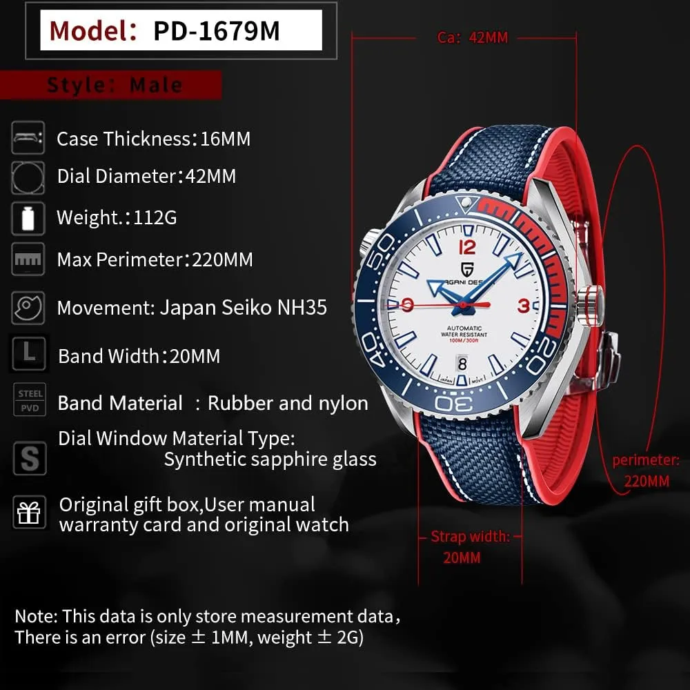 Watch Sapphire Glass Luminous geometry vacate Men's Watch Pagani Design Men's Automatic Watch PD-1679 Ceramic Bezel Waterproof 100M Mechanical 