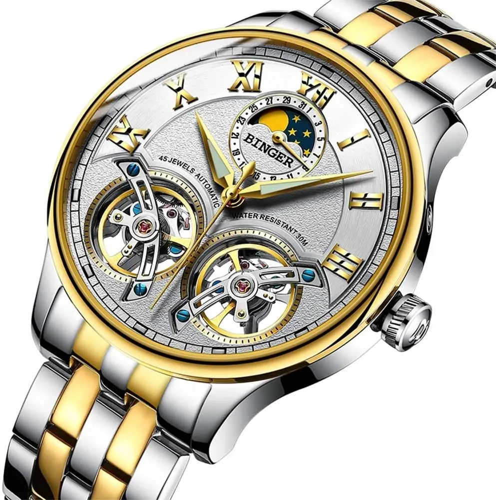 Watch Stainless Steel Band with Double Tourbillon MASTOP Luxury Mens Watches commentary Skeleton Automatic Mechanical Wrist 