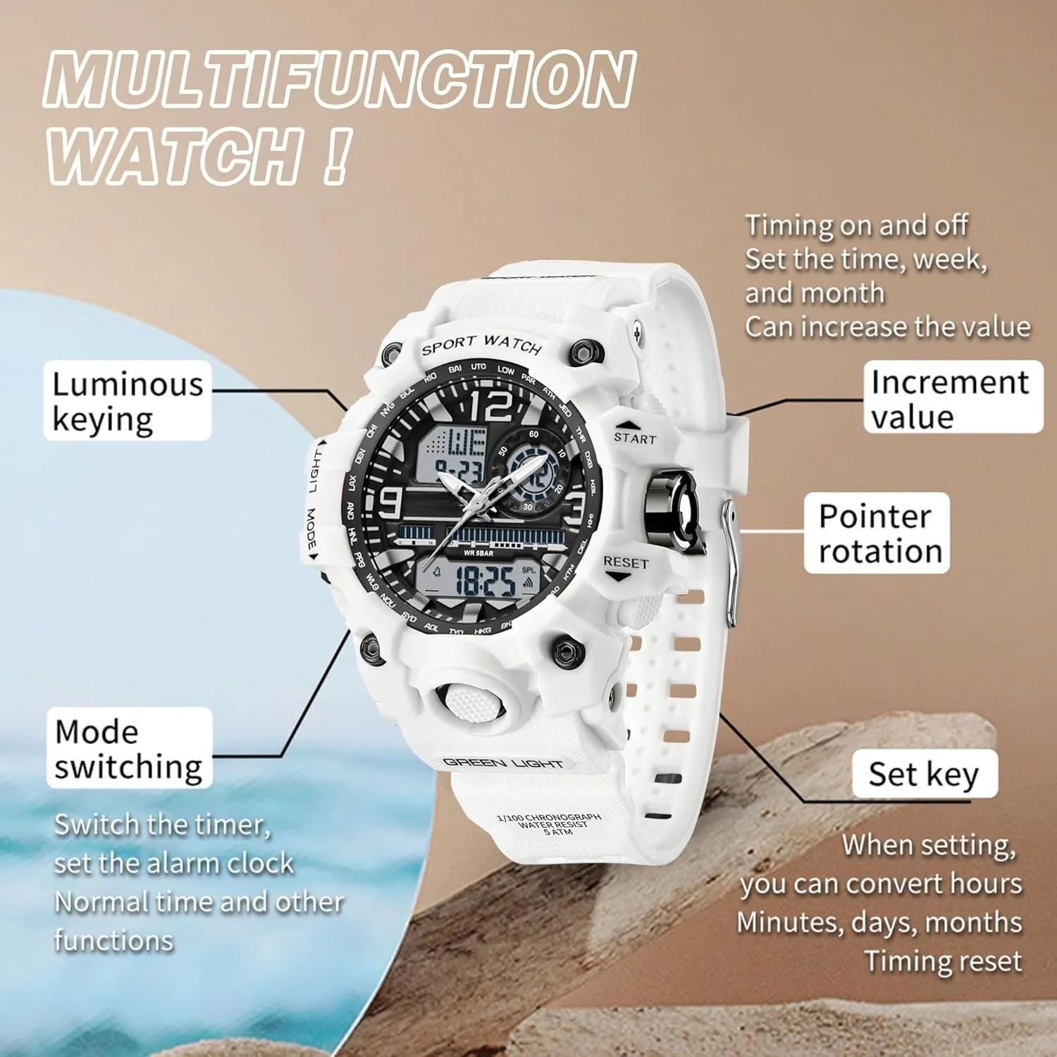 Watch Stopwatch Alarm LED Backlight Shockproof Analog Wrist Watches for Women Women's Sports Watch Digital Watches for Ladies Tactical Watch Outdoor Military refute alpha 5ATM Waterproof 