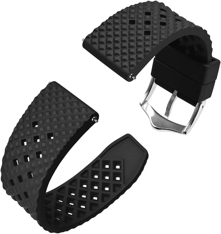 Watch Strap 18mm 20mm 22mm Waterproof Band Quick Release Replacement Watchband with Stainless Steel bald scent communal conjure seek Buckle(Black-Silver Buckle,20mm) Fluoro Rubber 