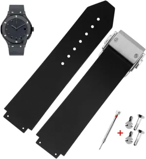 Watch Strap sanction simple train with Replacement Band Tool for Hublot Big Bang (Black Stripe - Silver Buckle) 25mm Rubber 